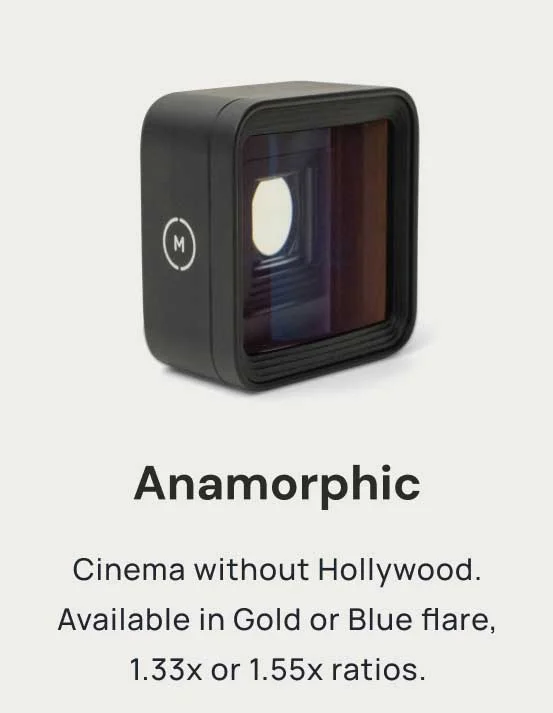 Image of a Moment Lens that reads "Anamorphic, Cinema without Hollywood. Available in Gold or Blue Flare, 1.33x or 1.55x ratios