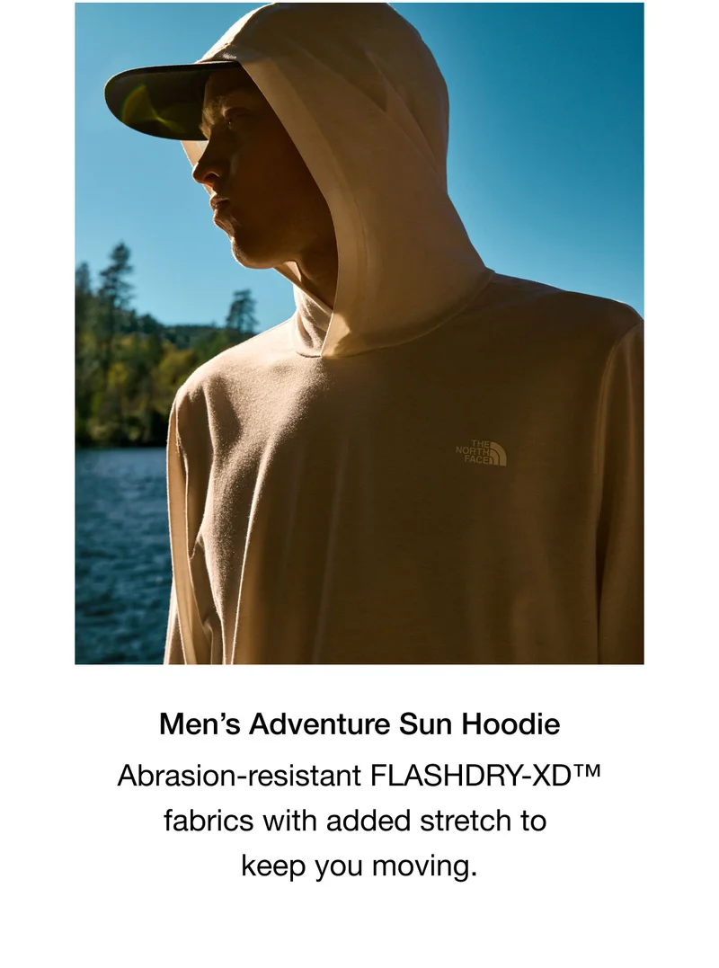 Men's Adventure Sun Hoodie. Abrasion-resistant FLASHDRY-XD fabrics with added stretch to keep you moving.
