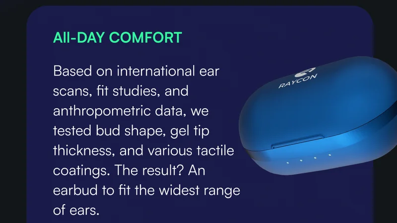 All-DAY COMFORT — Based on international ear scans, fit studies, and anthropometric data, we tested bud shape, gel tip thickness, and various tactile coatings. The result? An earbud to fit the widest range of ears.
