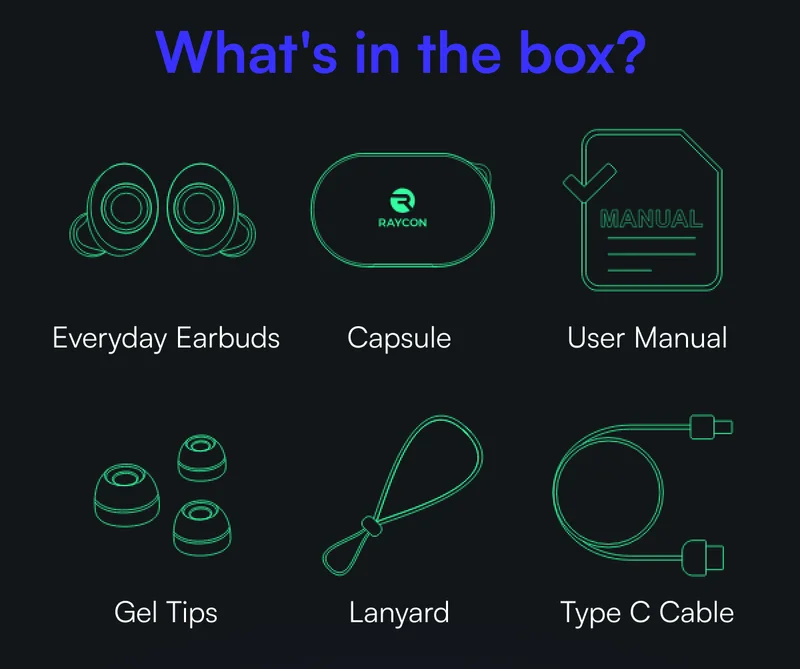 What's in the box? ✔️ Everyday Earbuds ✔️ Capsule ✔️ User Manual ✔️ Lanyard ✔️ Gel Tips ✔️ Type C Charging Cable