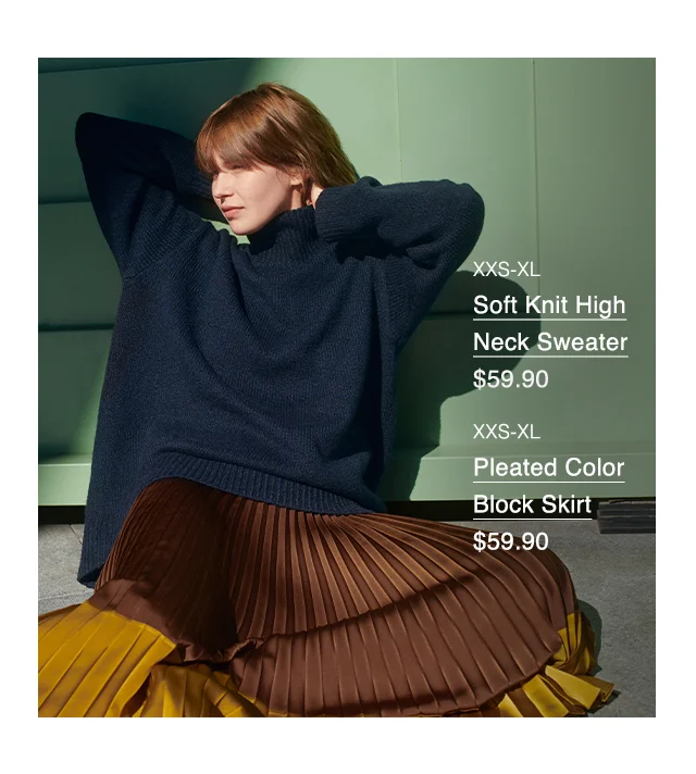 LOOK 3 - SOFT KNIT HIGH NECK SWEATER, PLEATE COLOR BLOCK SHIRT