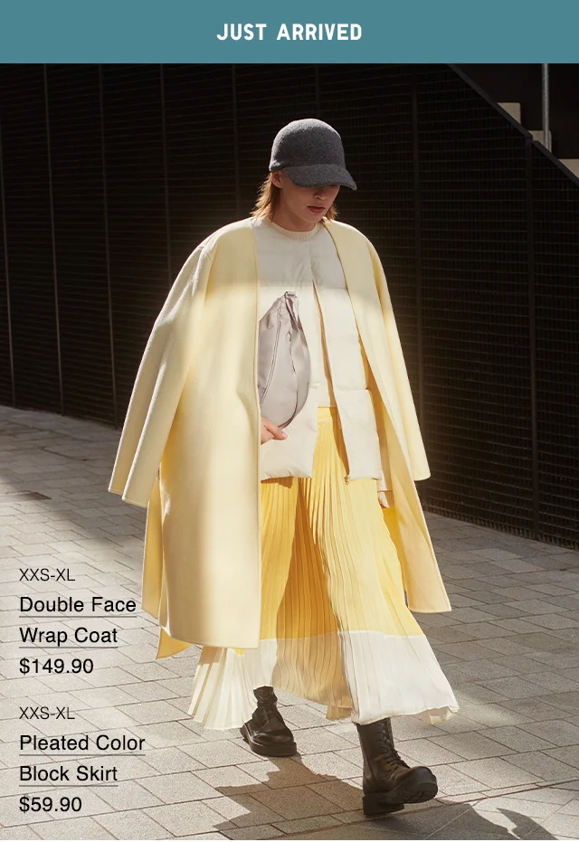 HERO - DOUBBLE FACE WRAP COAT, PLEATED COLOR BLOCK SKIRT