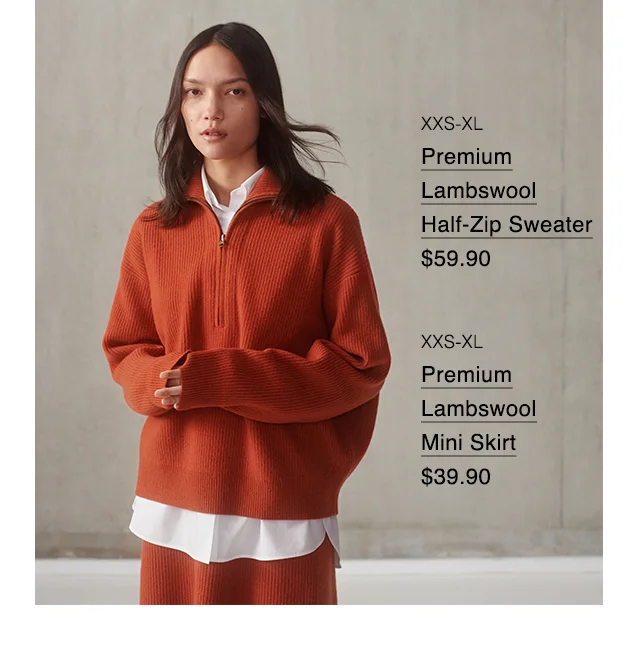 LOOK 1 - PREMIUM LABWOOL HALF ZIP SWEATER, PREMIUM LAMBSWOOL MINI SKIRT