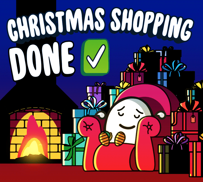 Title: Christmas shopping done ✅ - Graphic: A potato with their feet up surrounded by wrapped gifts