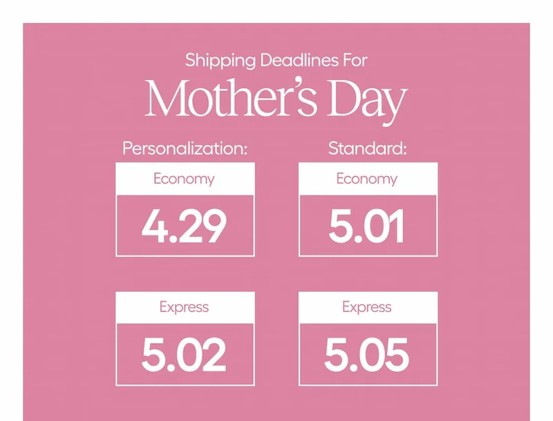Get her gift in time! Don't miss out on shipping deadlines. Order by 5/1 for standard economy shipping.