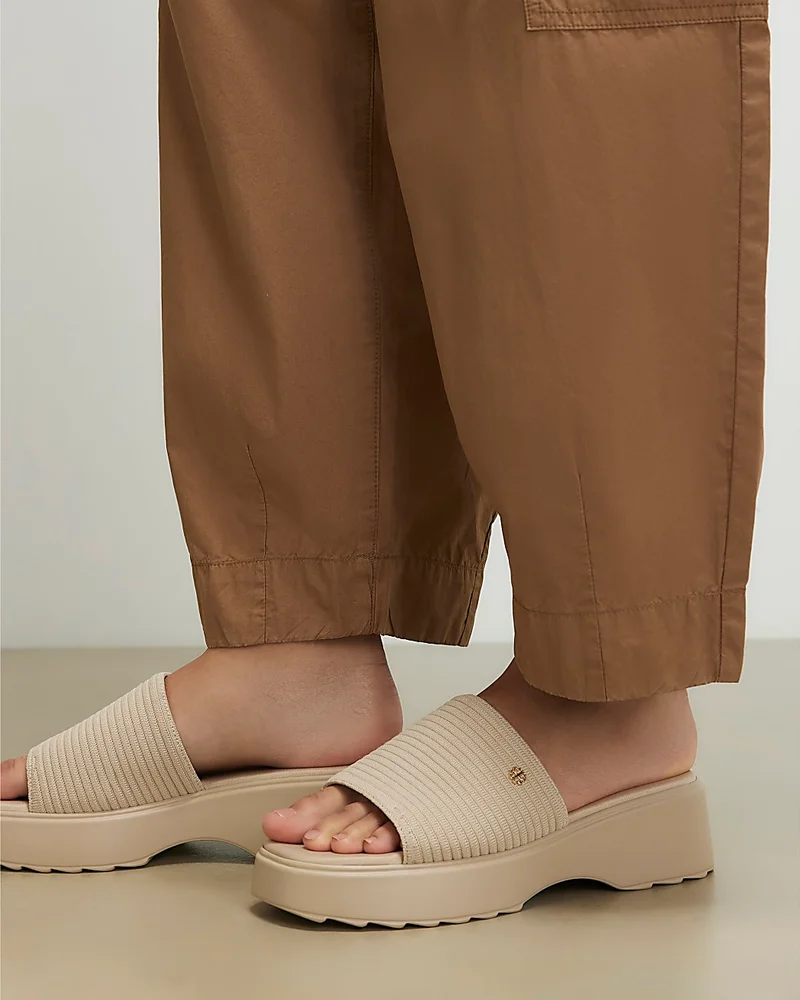 Womens Beige Wide Fit Knitted Mule Flatform Sandals