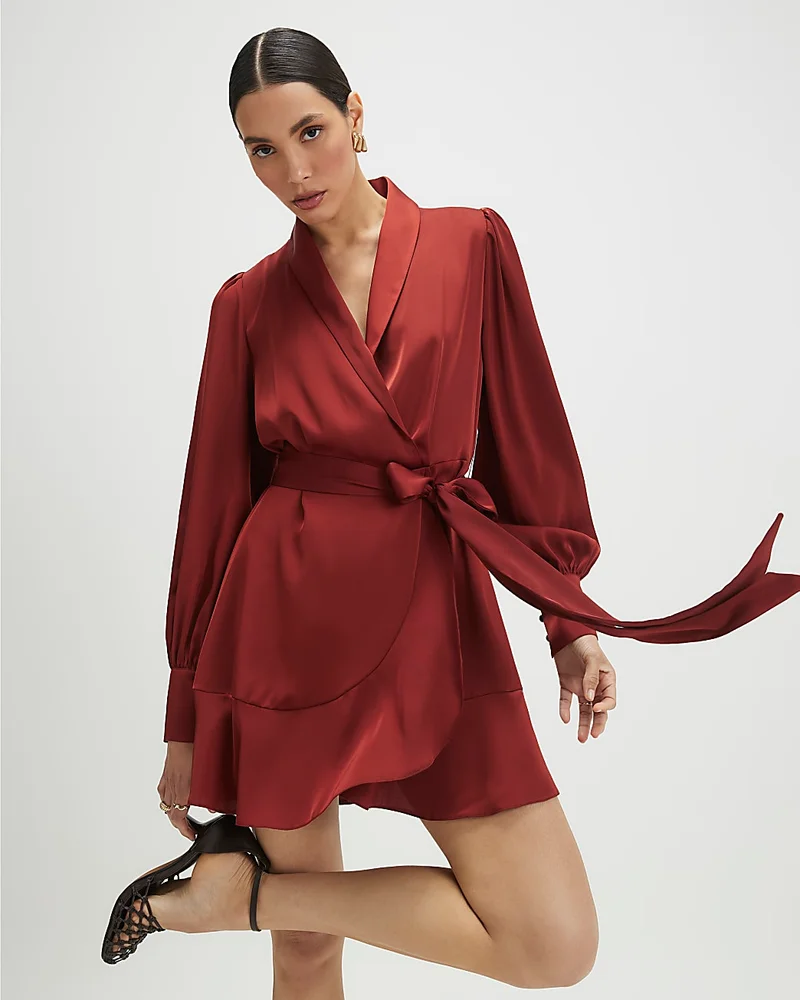 Womens Orange Satin Wrap Front Mini Dress