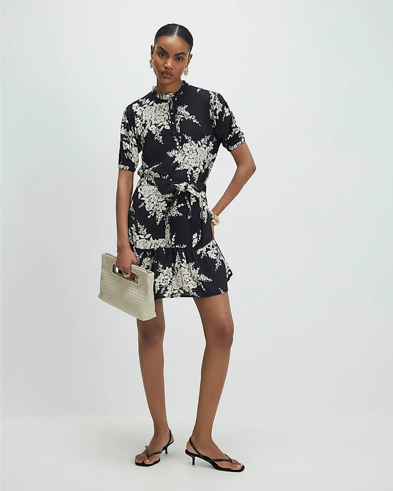 Womens Black Floral Short Sleeve Belted Mini Dress