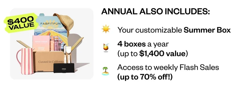 ANNUAL ALSO INCLUDES: Your customizable Summer Box | 4 boxes a year (up to $1,400 value) | Access to weekly Flash Sales (up to 70% off!)