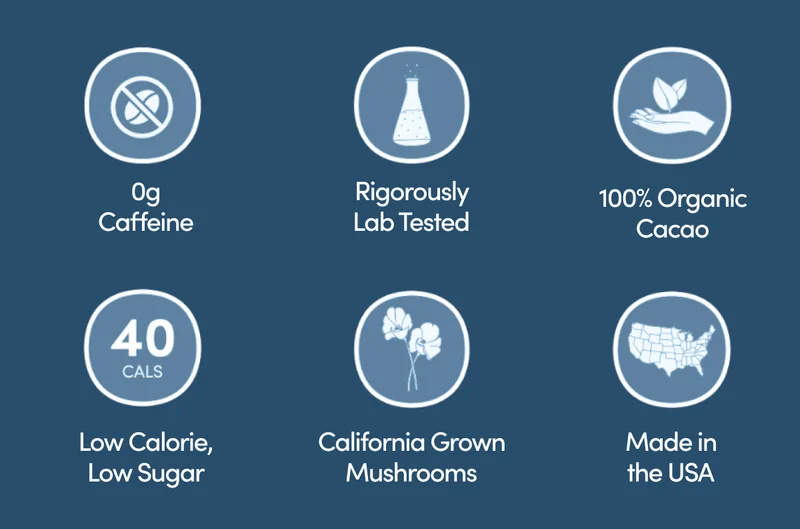 0g Caffeine | Rigorously Lab Tested | 100% Organic Cacao | Low Calorie, Low Sugar | California Grown Mushrooms | Made in the USA