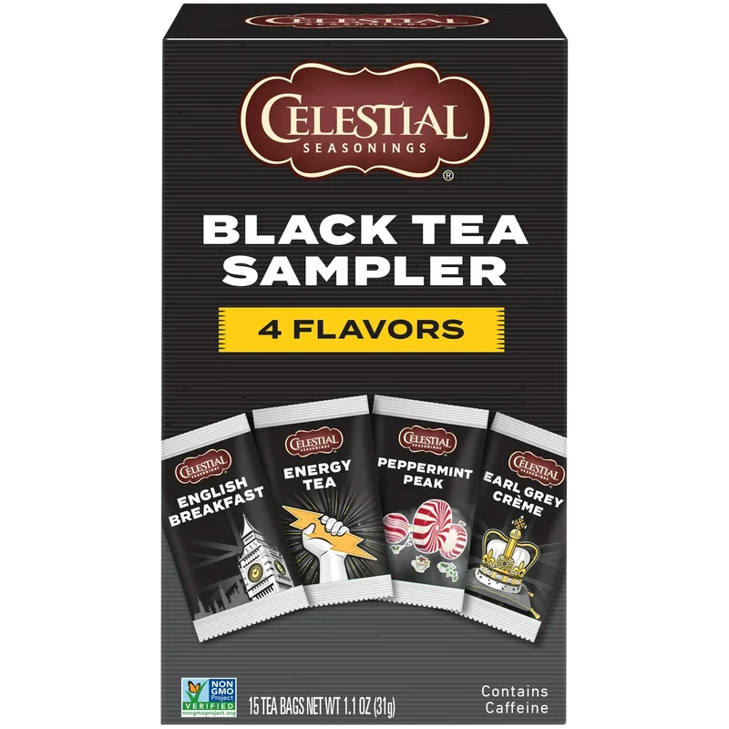 Image of Celestial Seasonings Black Tea Sampler - English Breakfast, Energy Tea, Peppermint Peak, Earl Grey Crème (15 Tea Bags)