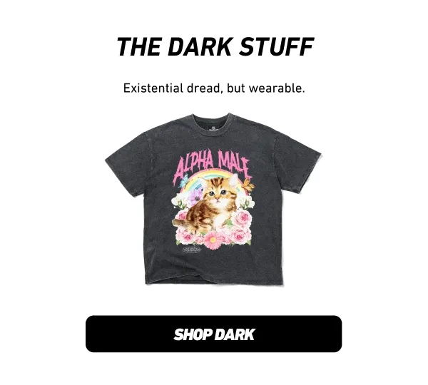 A dark grey t-shirt with a graphic featuring a kitten surrounded by pink roses and a rainbow, with the text ALPHA MALE above it, and the text THE DARK...