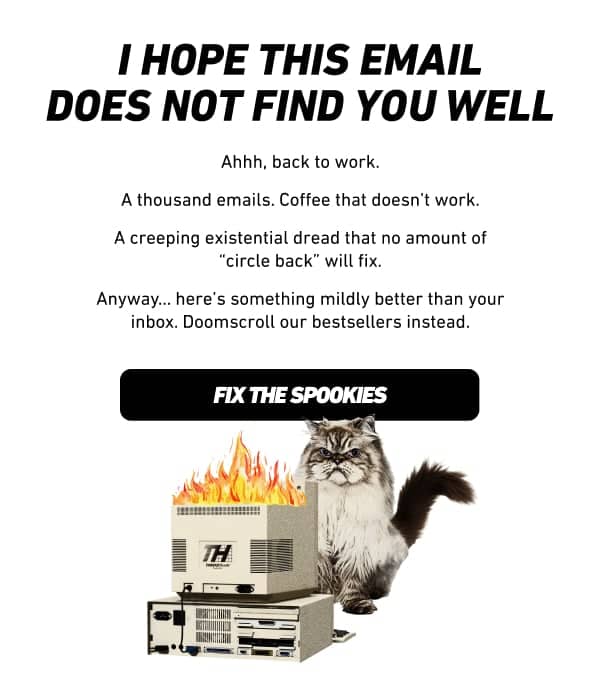 I HOPE THIS EMAIL DOES NOT FIND YOU WELL Ahhh, back to work. A thousand emails. Coffee that doesn't work. A creeping existential dread that no amount ...