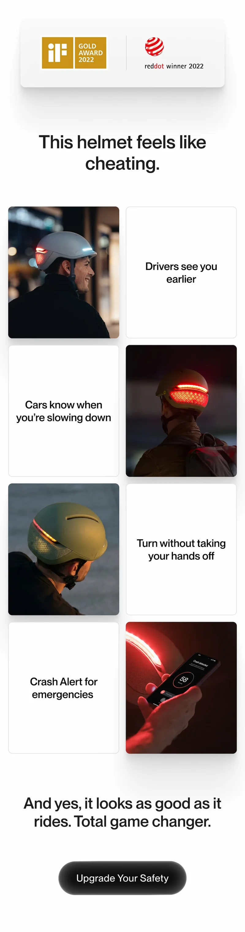 Award-winning helmet with lights, brake alerts, turn signals, and crash alert