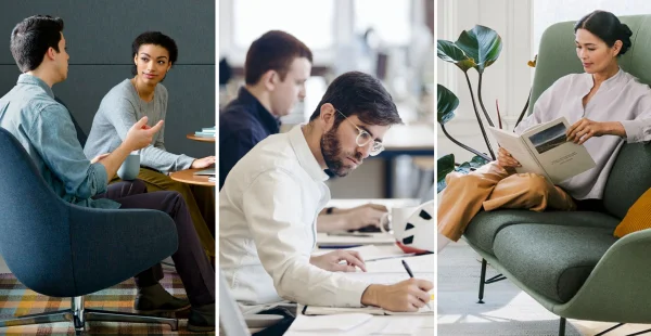 Collage of three scenes from a modern office in which diverse employees collaborate with one another, work independently in close proximity to one another, and find comfort and solace in quiet spaces apart from one another.