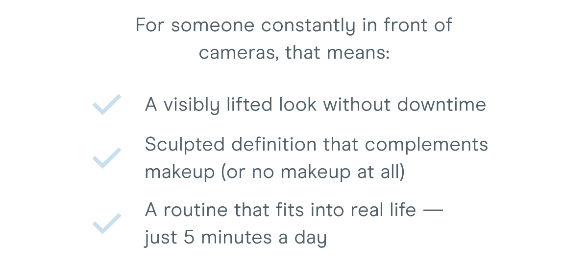 For someone constantly in front of cameras, that means: A visibly lifted look without downtime. Sculpted definition that complements makeup (or no makeup at all). A routine that fits into real life — just 5 minutes a day.
