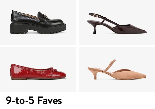A black loafer, tan heel, red flat and brown heel.