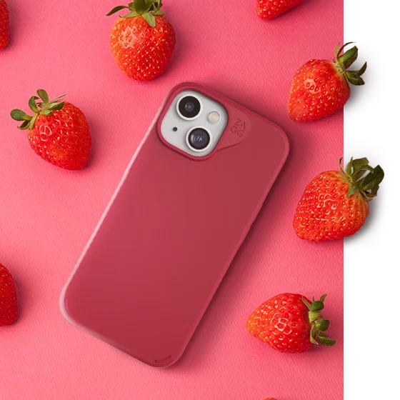 Pink Phone Case on Pink Backround surrounded by Strawberries