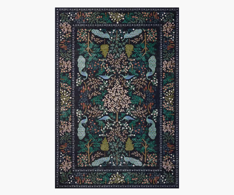 Image of Canopy Peacock Forest Printed Rug - Charcoal