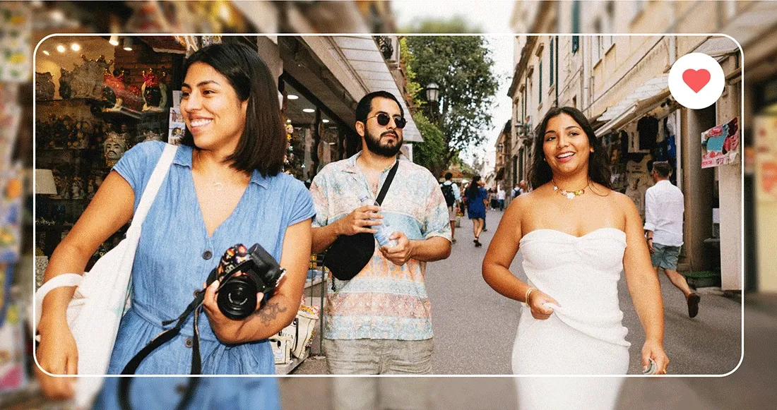 Image Description: Two women and a man smiling while walking down a street, a family with a young child sitting on a bench near the water, a woman and a man sitting at a table outside eating bread. A red heart is on the top right corner of each image.