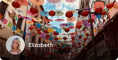 Image Description: Colorful umbrellas hanging from clotheslines. A profile photo of a person and the name Elizabeth is on the bottom left corner of the image.