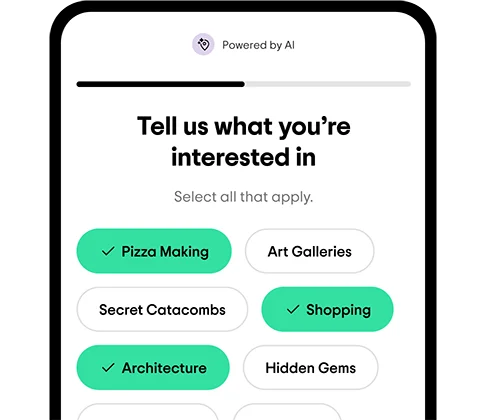 Image Description: A phone screen with prompts to choose various interests. “Pizza Making,” “Shopping,” and “Architecture” are selected in green.