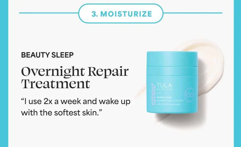 3. Moisturize: Beauty Sleep Overnight Repair Treatment “I use 2x a week and wake up with the softest skin.”