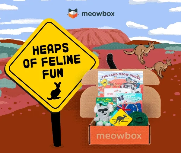 Heaps of Feline Fun! Image of the Land Meow Under meowbox (featuring toys like the Cat-ch a Wave Koala, Meowtback Hat, Purrceed with Caution Kangaroo Crossing catnip toys and more)