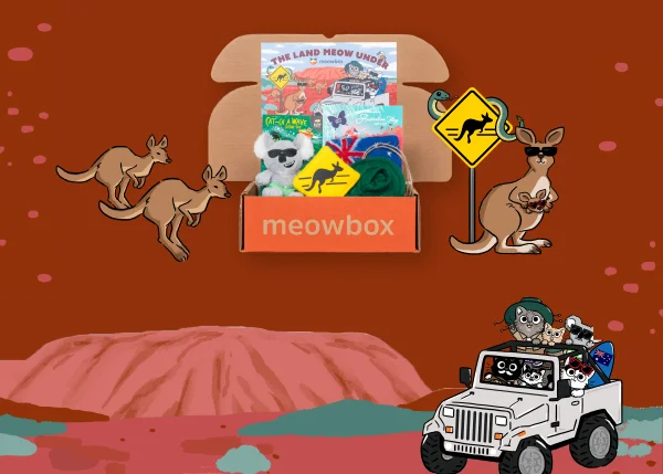 Image of the Land Meow Under meowbox (featuring toys like the Cat-ch a Wave Koala, Meowtback Hat, Purrceed with Caution Kangaroo Crossing catnip toys and more)