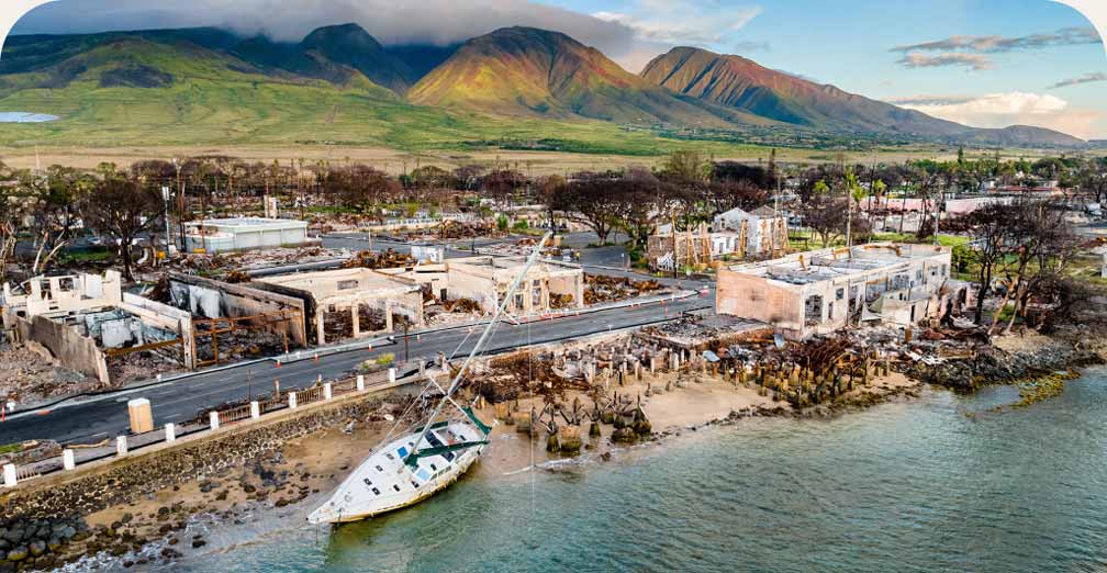 A partially destroyed town on an island.