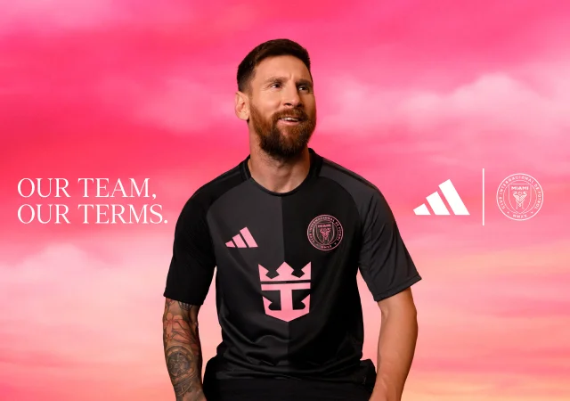 Lionel Messi in front of a pink sky background wearing a black Inter Miami CF jersey