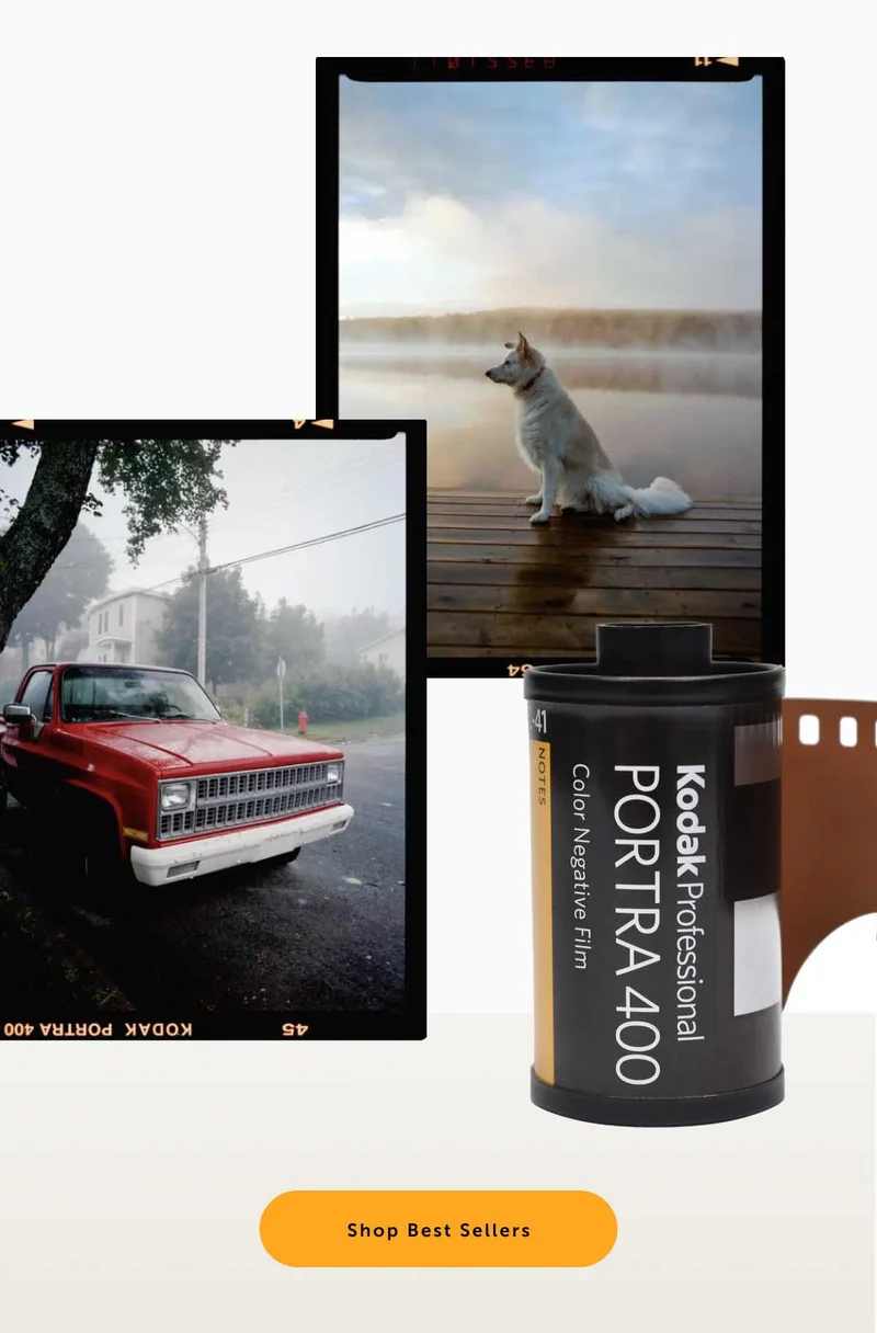Sample Film Images and a film roll with the button "Shop Best Sellers"