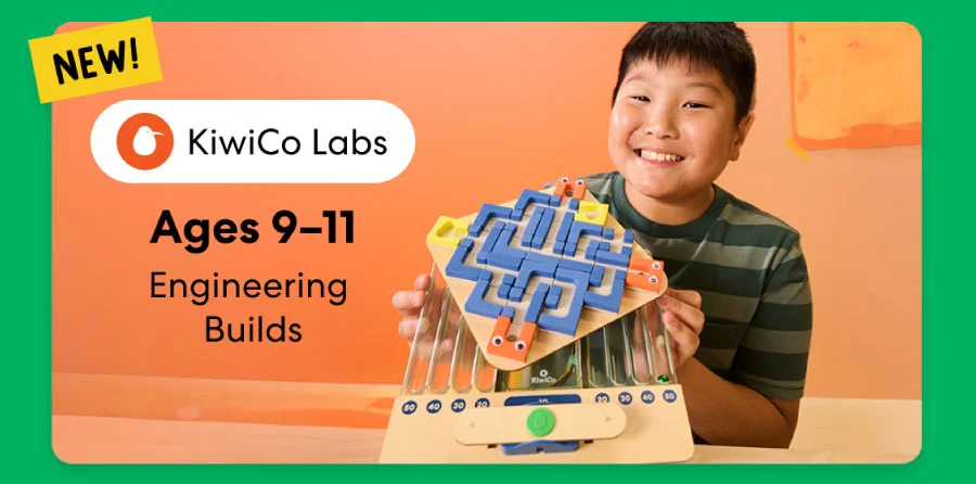 Boy building an engineering project from KiwiCo Labs, suitable for ages 9–11. Perfect for exploring engineering concepts.