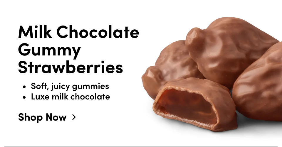 Milk Chocolate Gummy Strawberries | Soft, juicy gummies | Luxe milk chocolate; Shop now