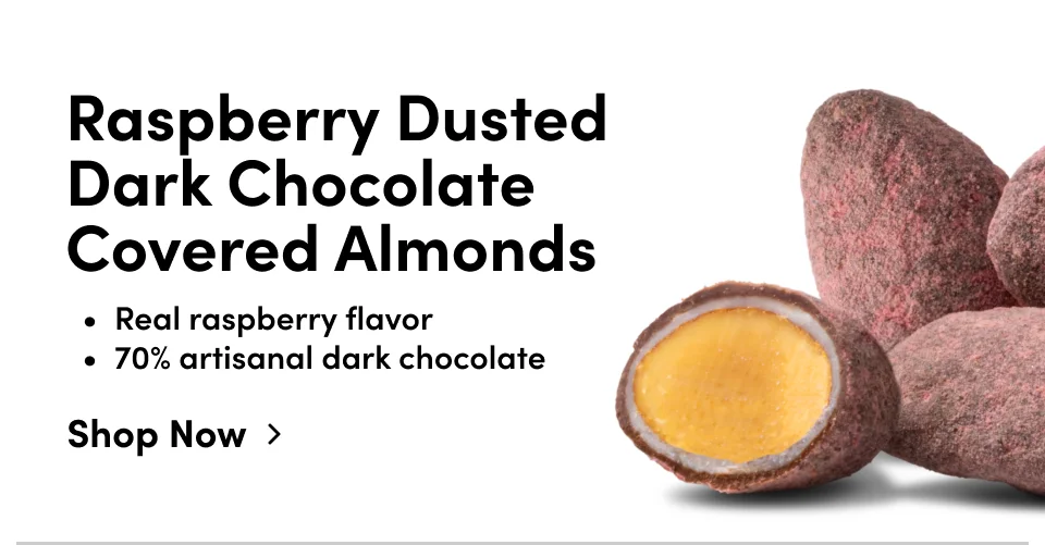 Raspberry Dusted Dark Chocolate Covered Almonds | Real raspberry flavor | 70% artisanal dark chocolate; Shop now
