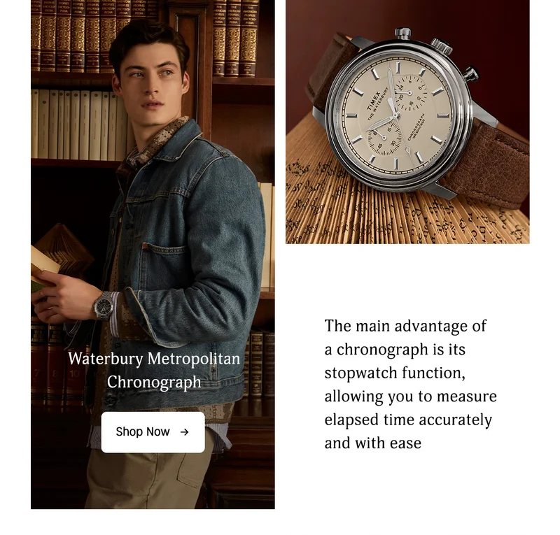 Waterbury Metropolitan Chronograph | The main advantage of a chronograph is its stopwatch function, allowing you to measure elapsed time accurately and with ease | Shop Now