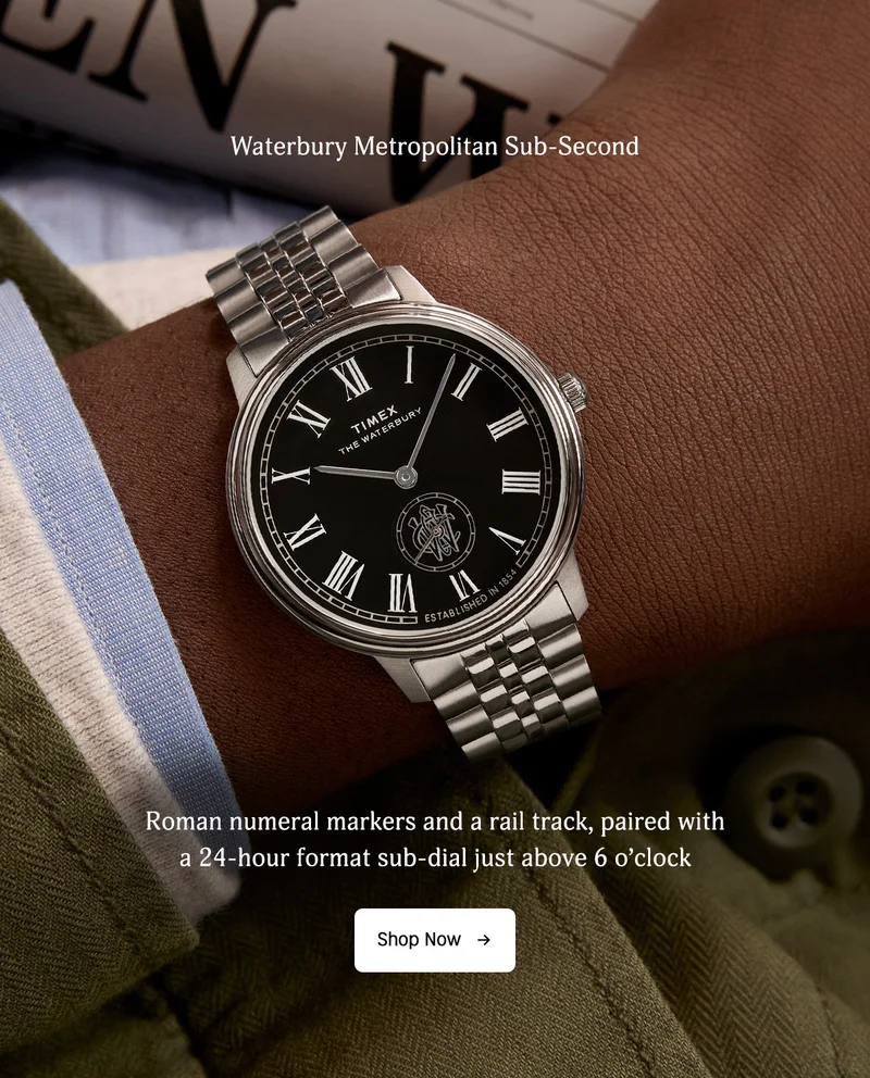 Waterbury Metropolitan Sub-Second | Roman numeral markers and a rail track, paired with a 24-hour format sub-dial just above 6 o'clock | Shop Now