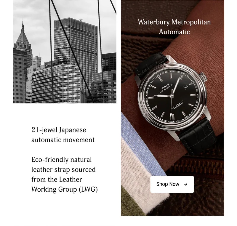 Waterbury Metropolitan Automatic | 21-jewel Japanese automatic movement | Eco-friendly natural leather strap sourced from the Leather Working Group (LWG) | Shop Now