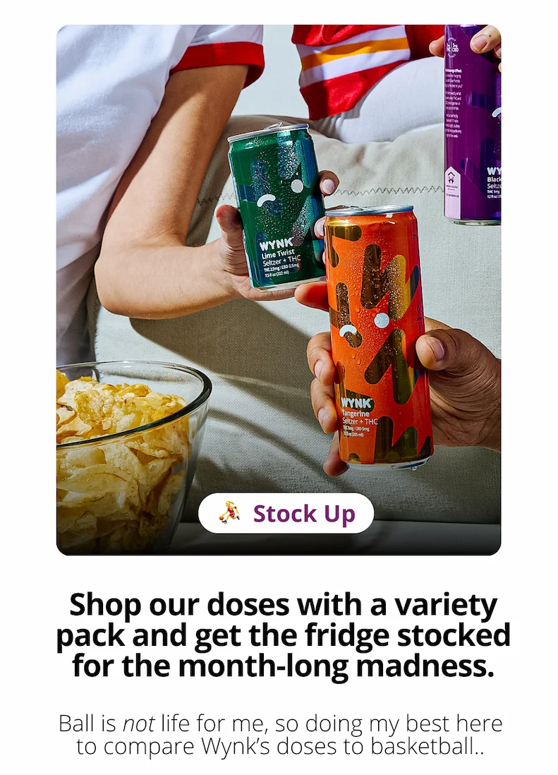 A photo of a group of friends holding colorful cans of Wynk around a bowl of chips.