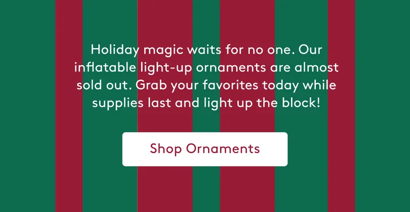 Holiday magic waits for no one. Our inflatable decor is almost sold out. - Shop Ornaments