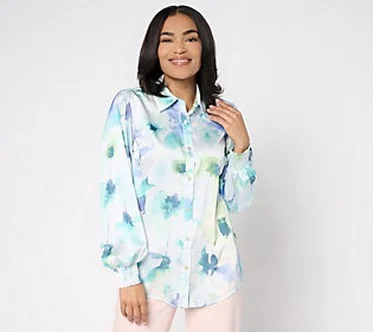 Dennis Basso Petite Printed Woven Top with Blouson Sleeves