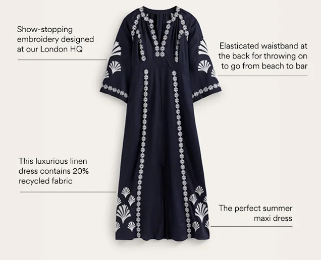 Una Linen Embroidered Dress - Navy
