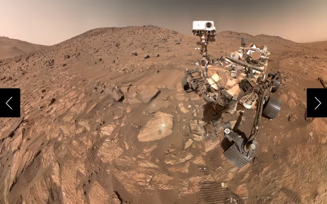 A selfie taken by NASA's Perseverance Mars rover near the arrowhead-shaped rock nicknamed 'Cheyava Falls.'
