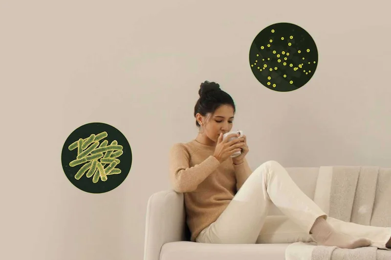 A woman sits on her sofa , bacteria and viruses are shown to be floating around her.
