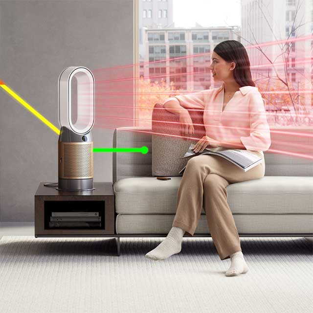 Woman sits by her Dyson purifier heater as it purifies the air, shown by an air quality line, and heats her, shown by heating lines.