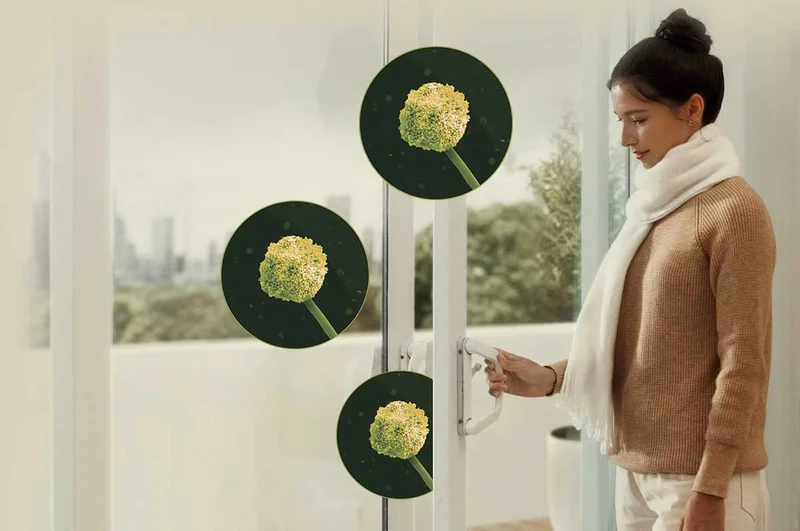 A woman shuts her doors, mold spores are shown to be in and around the frames of the window.