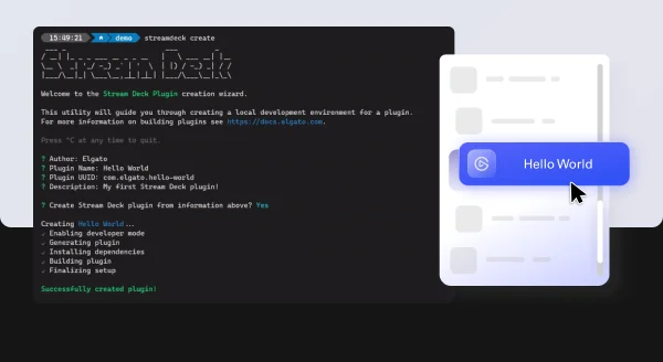 A computer screen shows a terminal window creating a Stream Deck plugin and a graphical interface displaying a Hello World button being clicked.