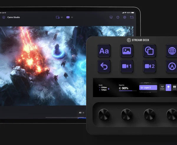 Stream Deck plus with Camo Studio keys in front of an iPad with a game on screen.