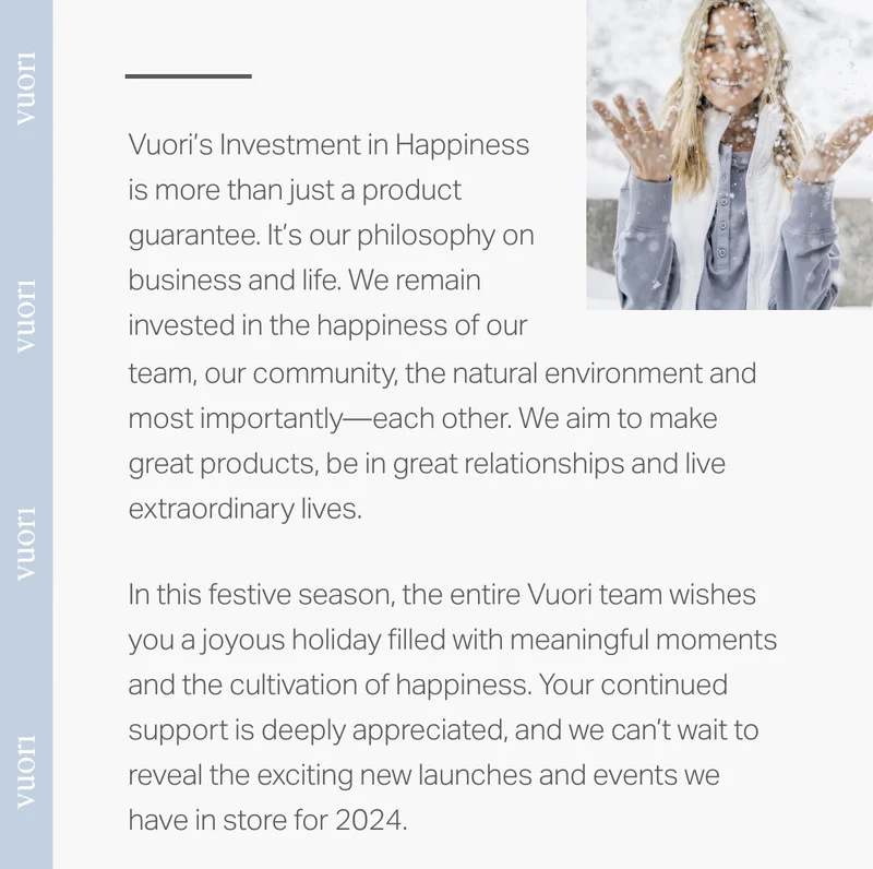 Vuori's Investment in Happiness is more than just a product guarantee.