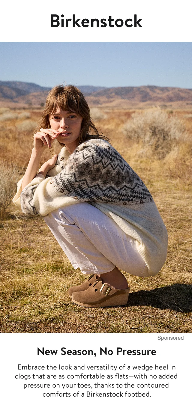 Woman wearing Birkenstock wedged clogs.